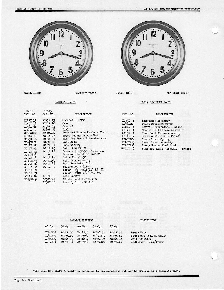 1950 General Electric Clocks Parts Catalog > Commercial Wall Clocks > 1B812, 1B815