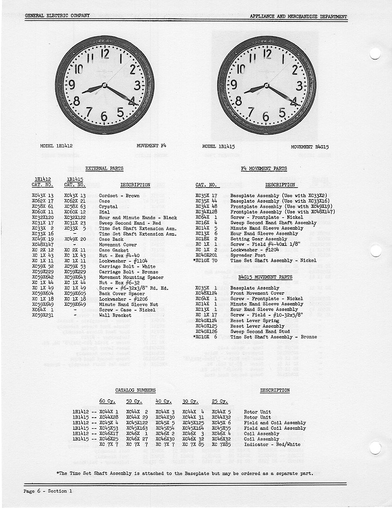 1950 General Electric Clocks Parts Catalog > Commercial Wall Clocks > 1H1412, 1B1415