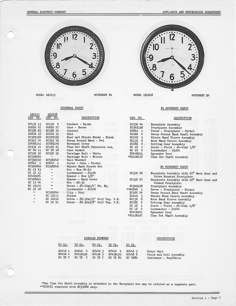 1950 General Electric Clocks Parts Catalog > Commercial Wall Clocks > 1H1415, 1H1608