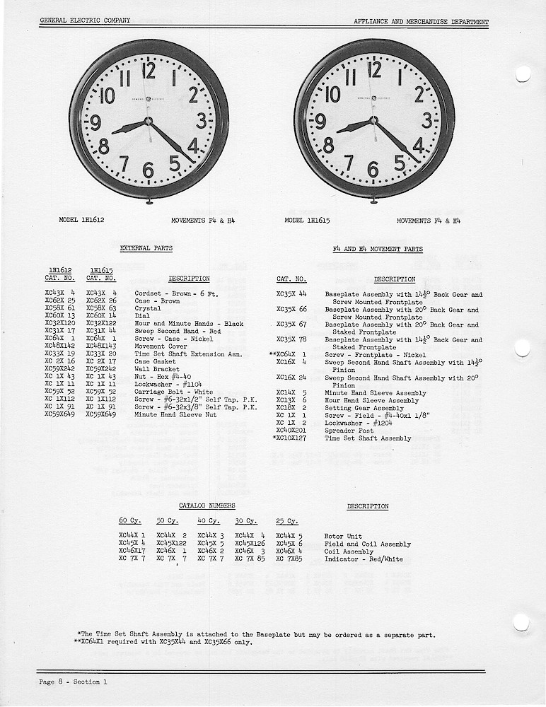 1950 General Electric Clocks Parts Catalog > Commercial Wall Clocks > 1H1612, 1H1615