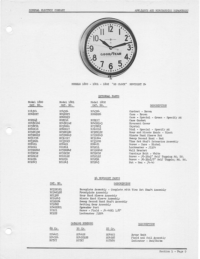 1950 General Electric Clocks Parts Catalog > Commercial Wall Clocks > 1800, 1801, 1802, AD CLOCK