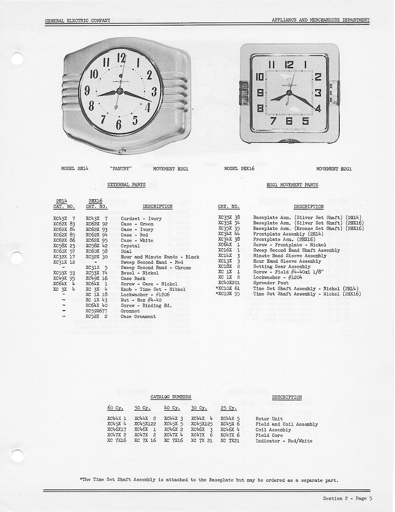 1950 General Electric Clocks Parts Catalog > Kitchen Wall Clocks > 2H14, 2HX16
