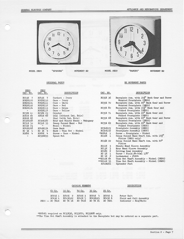 1950 General Electric Clocks Parts Catalog > Kitchen Wall Clocks > 2H20, 2H22