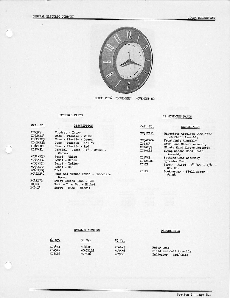 1950 General Electric Clocks Parts Catalog > Kitchen Wall Clocks > 2H26