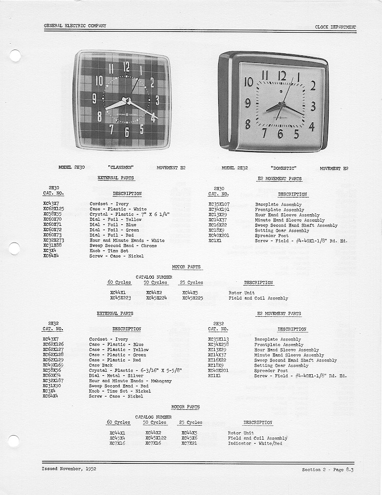 1950 General Electric Clocks Parts Catalog > Kitchen Wall Clocks > 2H30, 2H32