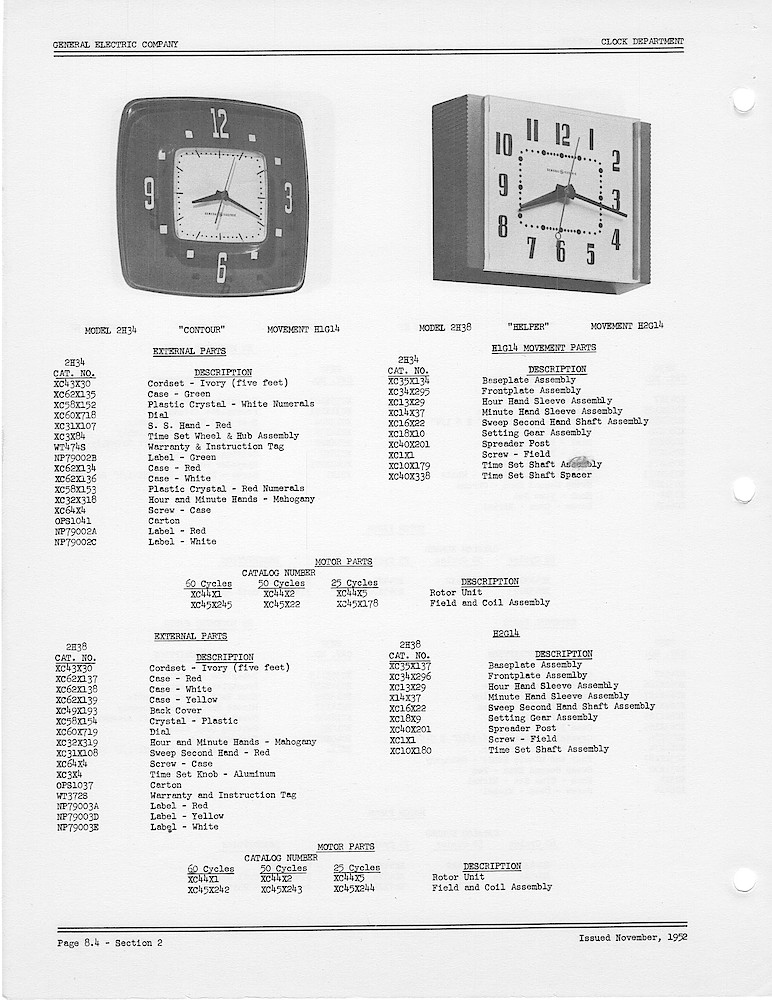 1950 General Electric Clocks Parts Catalog > Kitchen Wall Clocks > 2H34, 2H38