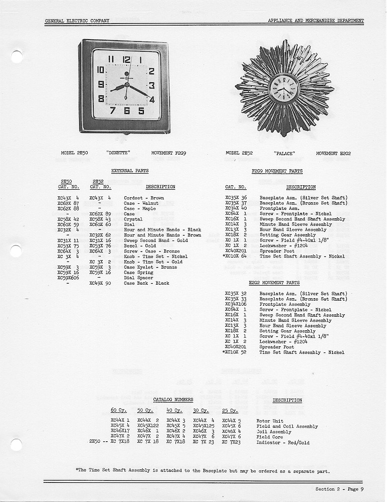 1950 General Electric Clocks Parts Catalog > Kitchen Wall Clocks > 2H50, 2H52