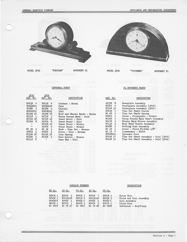 1950 General Electric Clocks Parts Catalog > 3 Inch Dial Shelf Clocks > 3F02, 3F04