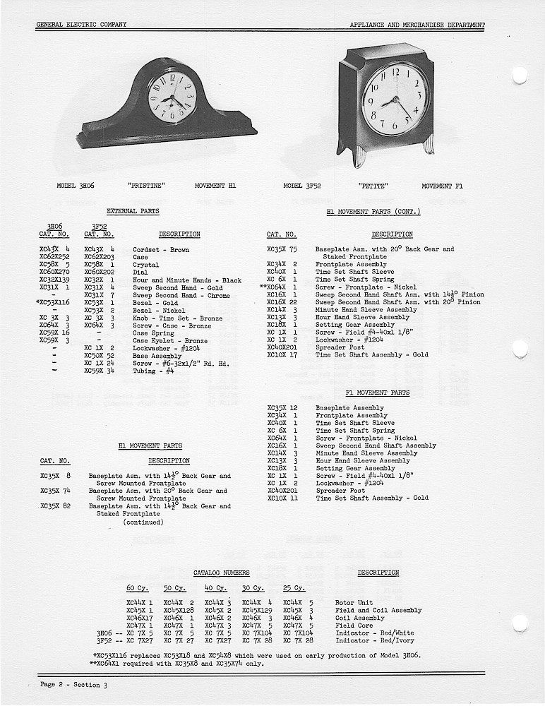 1950 General Electric Clocks Parts Catalog > 3 Inch Dial Shelf Clocks > 3H06, 3F52