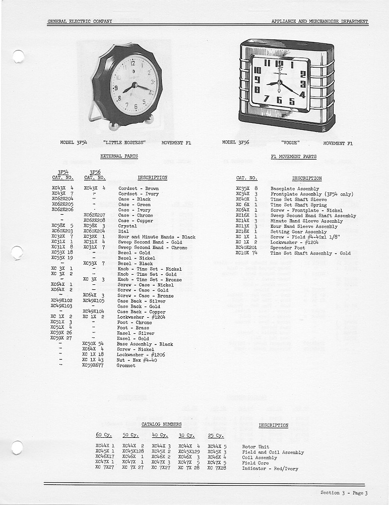 1950 General Electric Clocks Parts Catalog > 3 Inch Dial Shelf Clocks > 3F54, 3F56