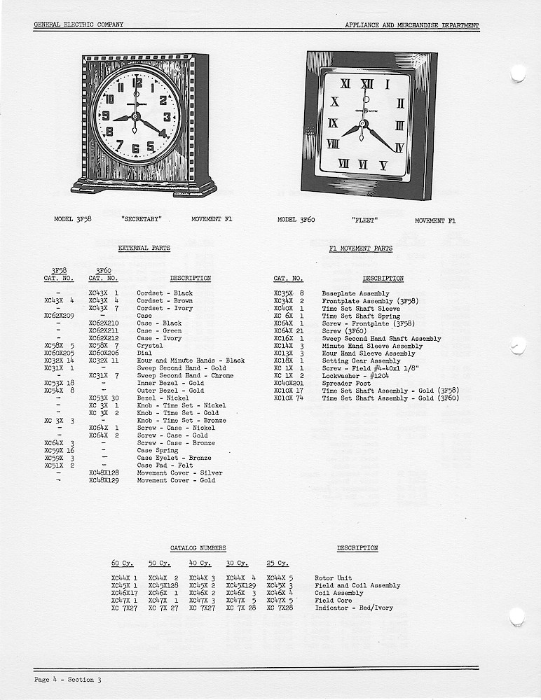 1950 General Electric Clocks Parts Catalog > 3 Inch Dial Shelf Clocks > 3F58, 3F60