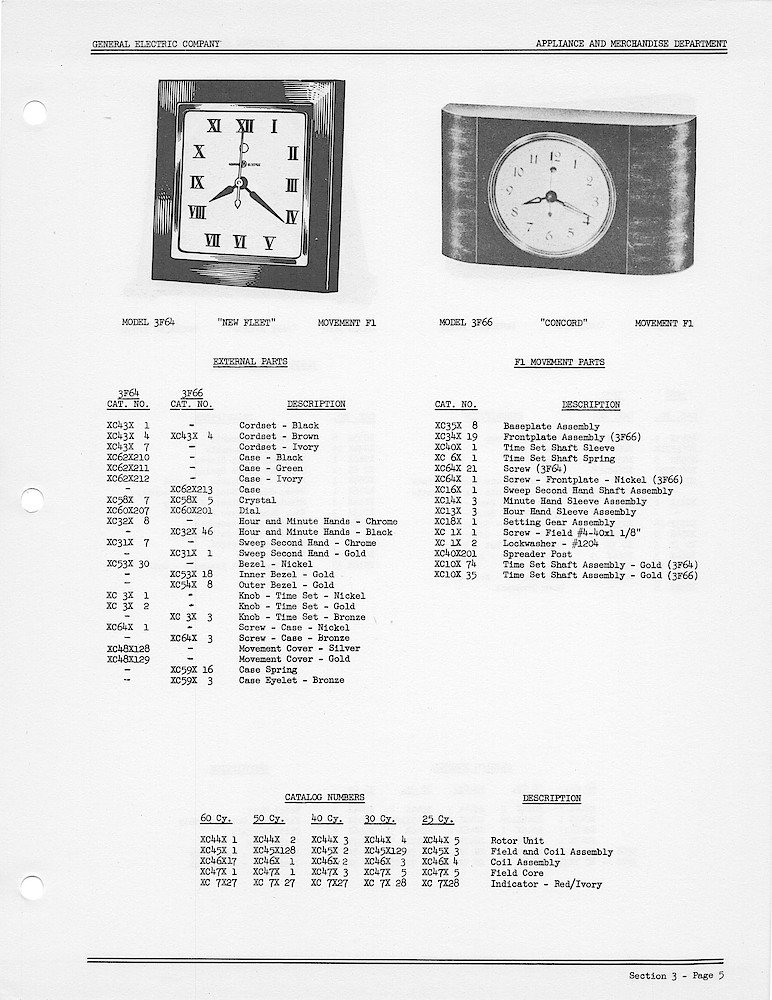 1950 General Electric Clocks Parts Catalog > 3 Inch Dial Shelf Clocks > 3F64, 3F66
