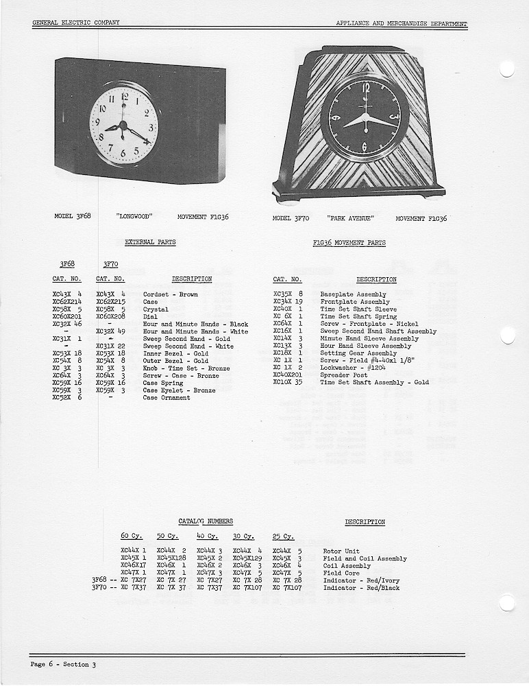 1950 General Electric Clocks Parts Catalog > 3 Inch Dial Shelf Clocks > 3F68, 3F70