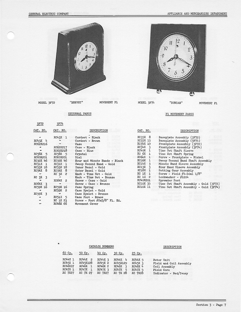 1950 General Electric Clocks Parts Catalog > 3 Inch Dial Shelf Clocks > 3F72, 3F74