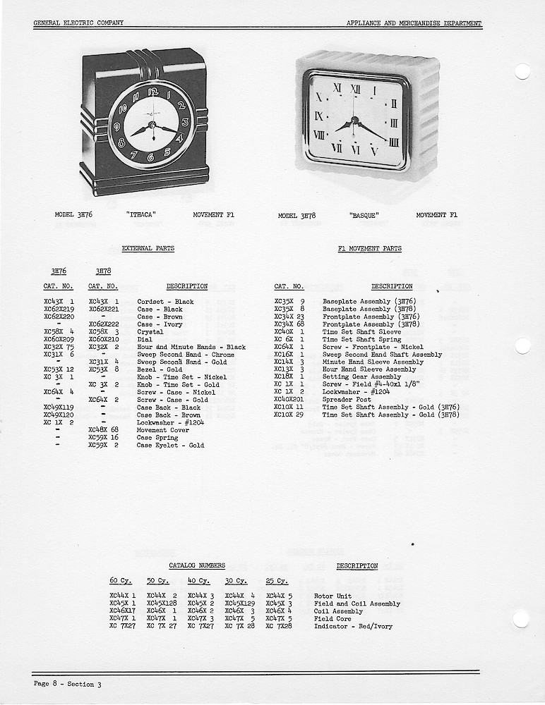 1950 General Electric Clocks Parts Catalog > 3 Inch Dial Shelf Clocks > 3H76, 3H78