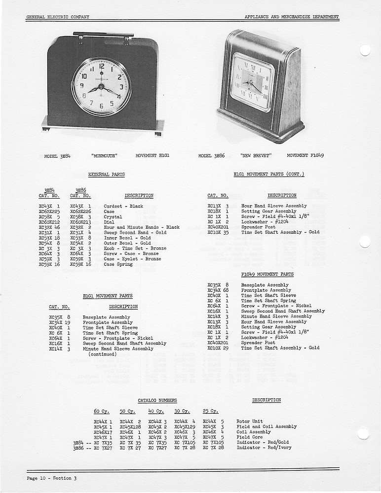 1950 General Electric Clocks Parts Catalog > 3 Inch Dial Shelf Clocks > 3H84, 3H86