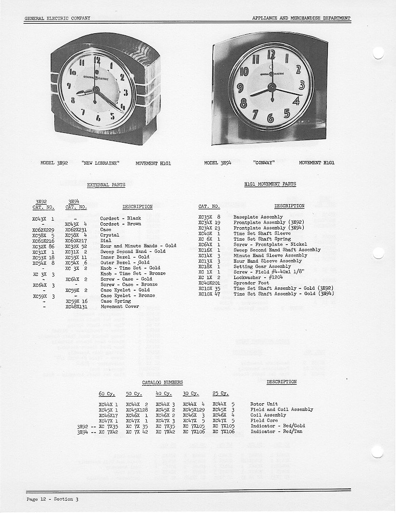 1950 General Electric Clocks Parts Catalog > 3 Inch Dial Shelf Clocks > 3H92, 3H94