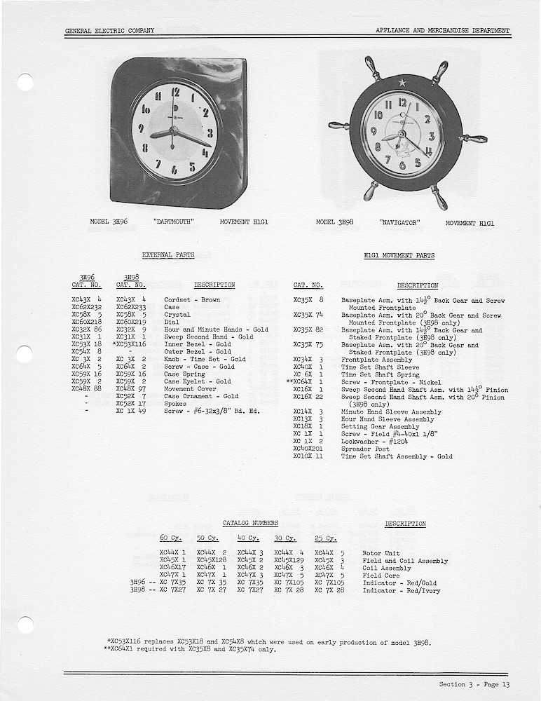 1950 General Electric Clocks Parts Catalog > 3 Inch Dial Shelf Clocks > 3H96, 3H98