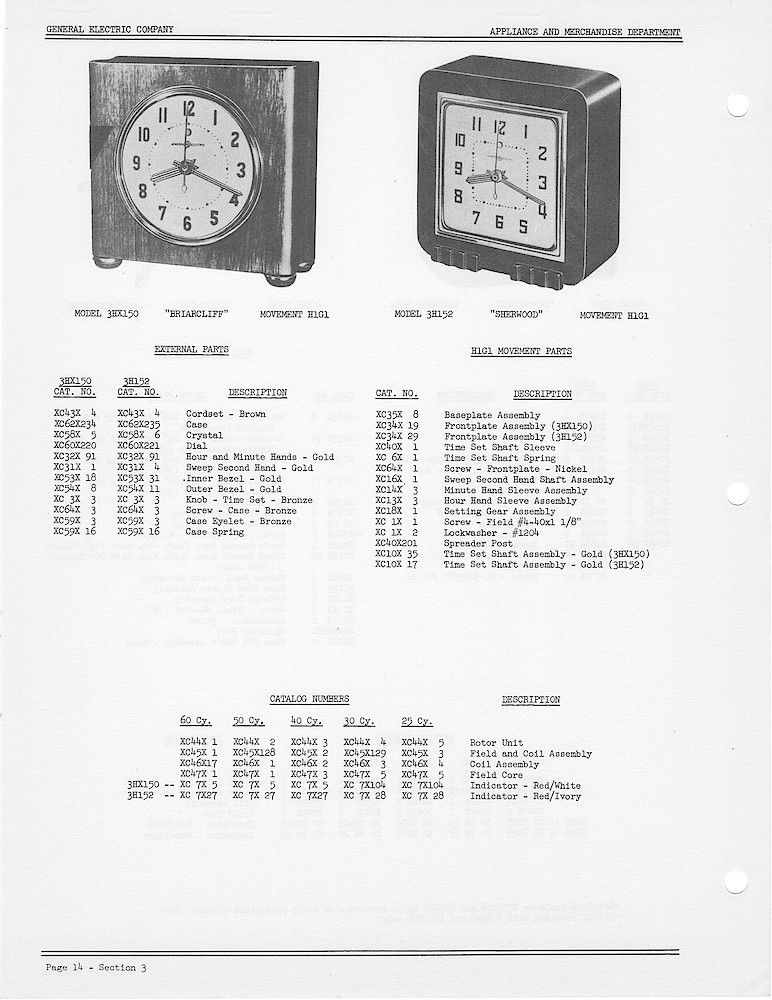 1950 General Electric Clocks Parts Catalog > 3 Inch Dial Shelf Clocks > 3XH150, 3H152