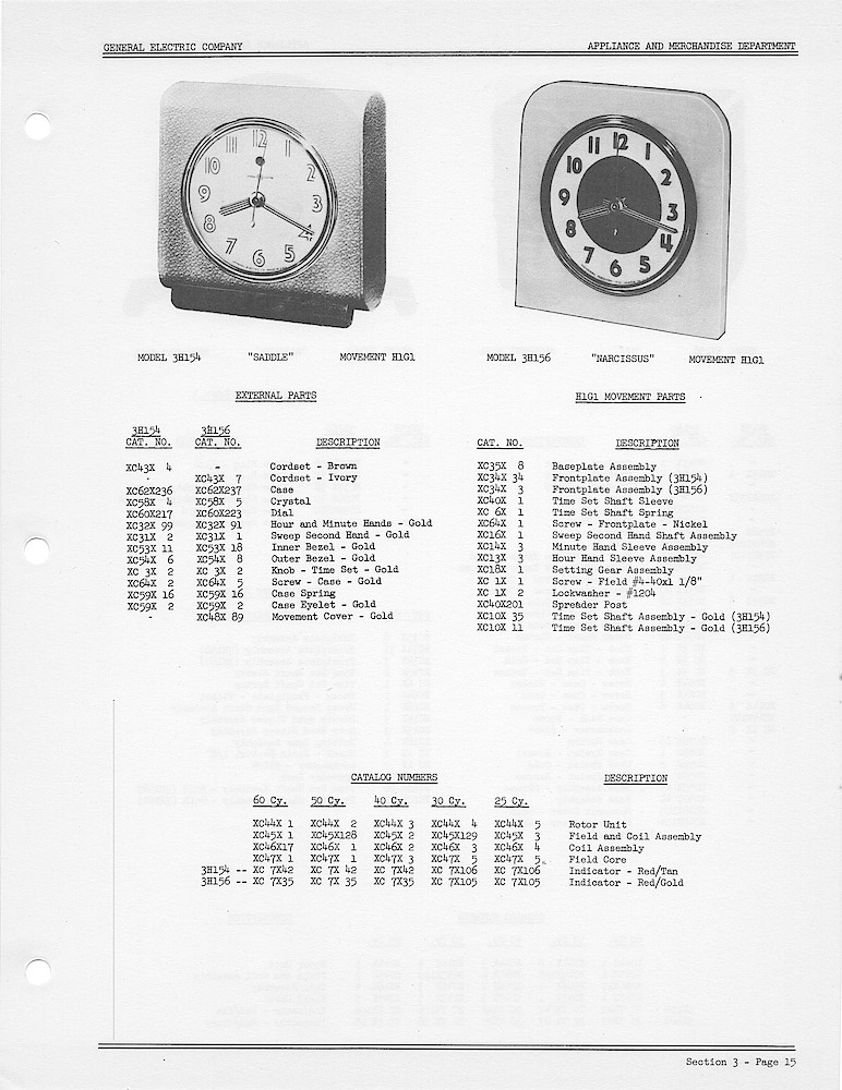 1950 General Electric Clocks Parts Catalog > 3 Inch Dial Shelf Clocks > 3H154, 3H156