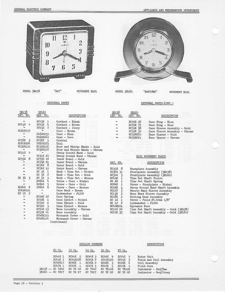 1950 General Electric Clocks Parts Catalog > 3 Inch Dial Shelf Clocks > 3H158, 3H160