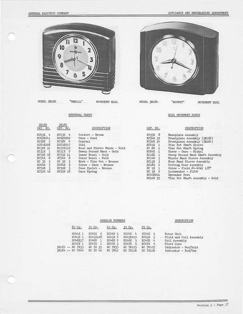 1950 General Electric Clocks Parts Catalog > 3 Inch Dial Shelf Clocks > 3H162, 3H164