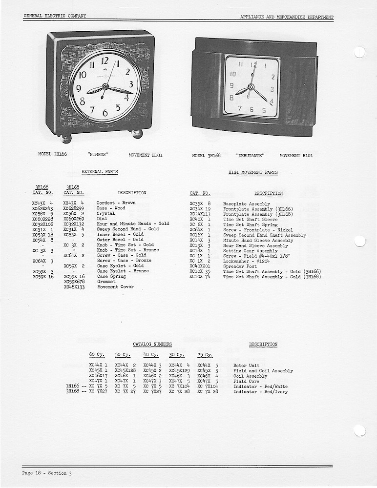 1950 General Electric Clocks Parts Catalog > 3 Inch Dial Shelf Clocks > 3H166, 3H168