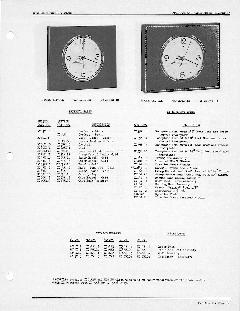 1950 General Electric Clocks Parts Catalog > 3 Inch Dial Shelf Clocks > 3H172GL, 3H172LR