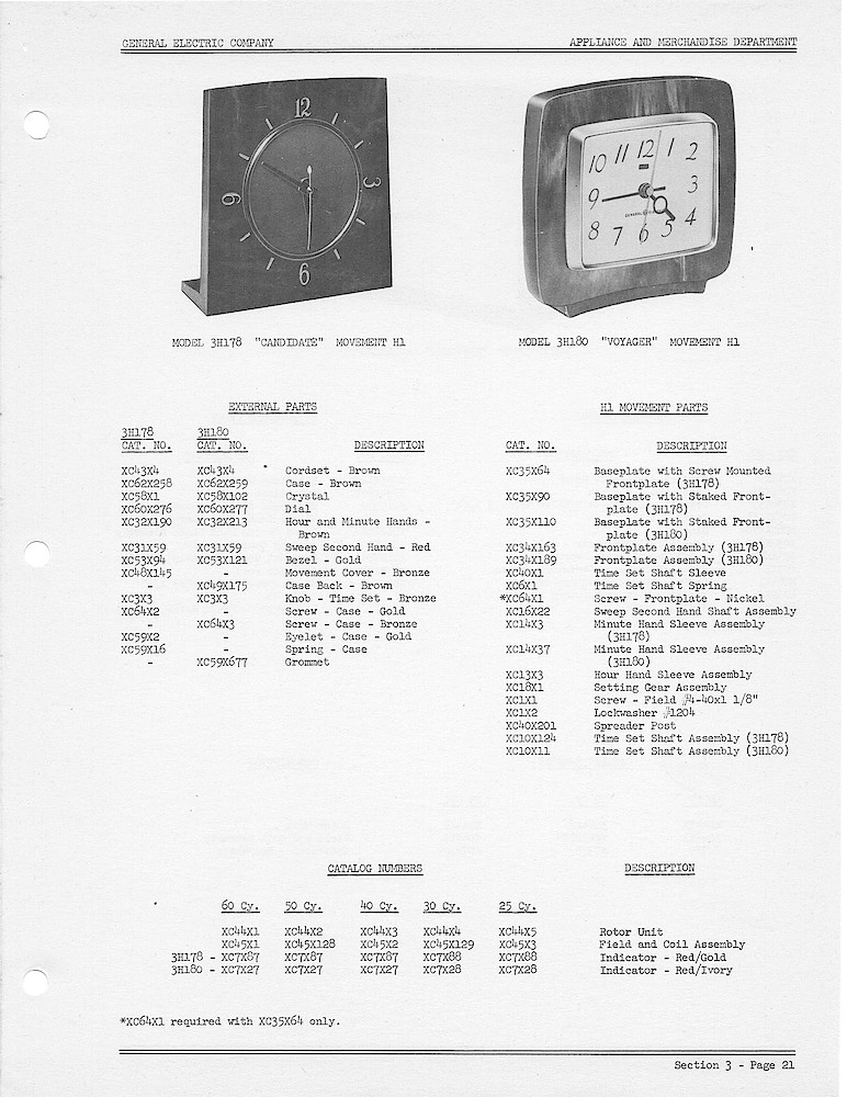 1950 General Electric Clocks Parts Catalog > 3 Inch Dial Shelf Clocks > 3H178, 3H180