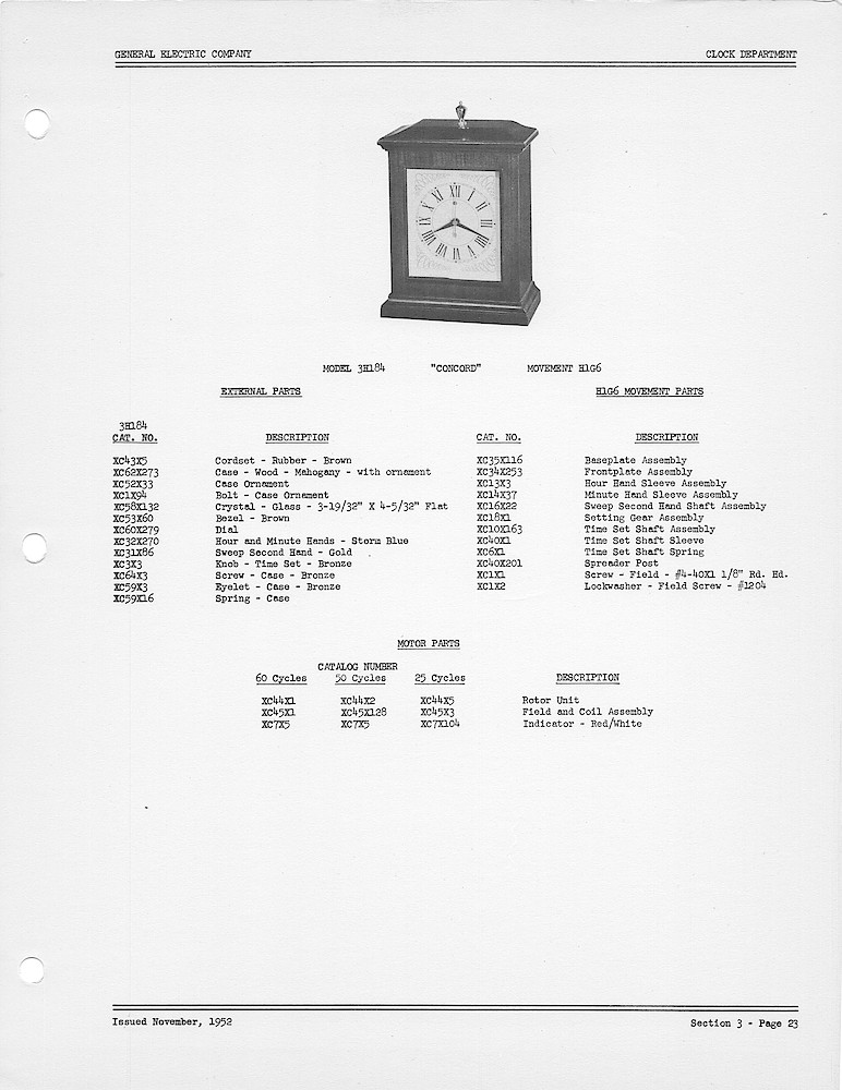 1950 General Electric Clocks Parts Catalog > 3 Inch Dial Shelf Clocks > 3H184. Issued November, 1952