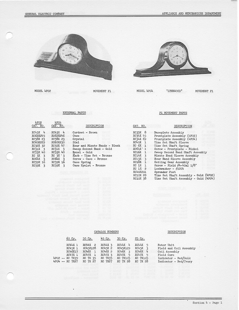 1950 General Electric Clocks Parts Catalog > 4 Inch Dial Shelf Clocks > 4F02, 4F04