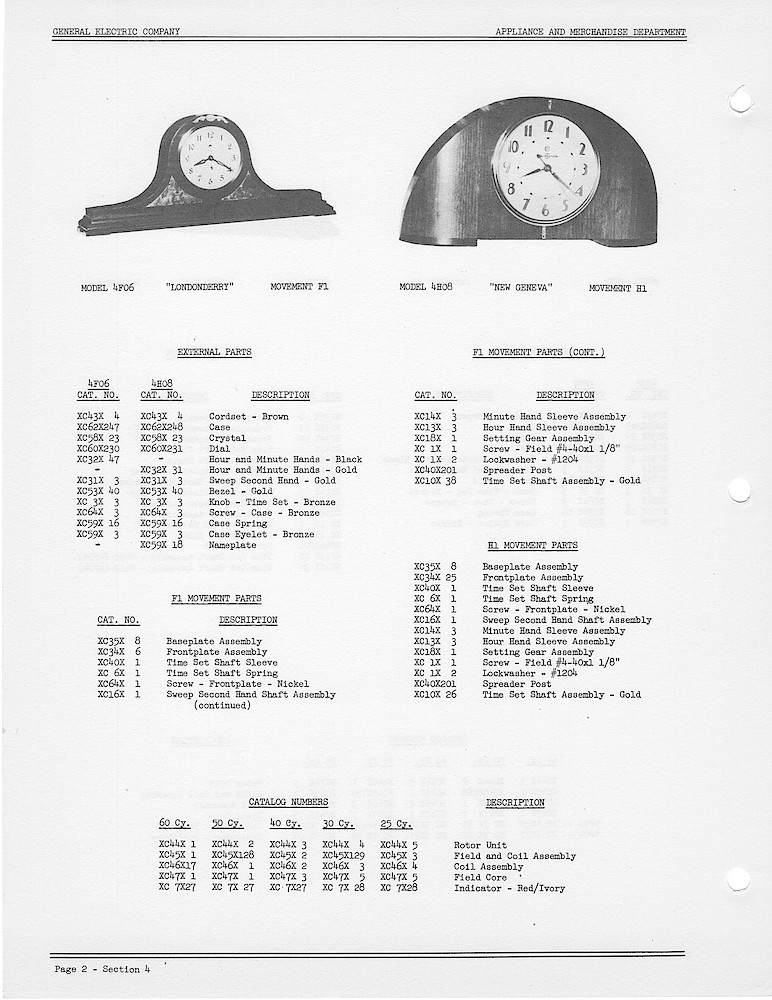 1950 General Electric Clocks Parts Catalog > 4 Inch Dial Shelf Clocks > 4F06, 4H08