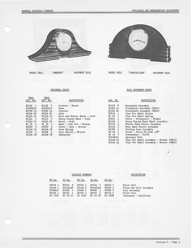 1950 General Electric Clocks Parts Catalog > 4 Inch Dial Shelf Clocks > 4H10, 4H12