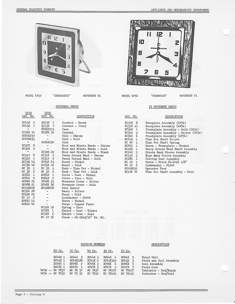 1950 General Electric Clocks Parts Catalog > 4 Inch Dial Shelf Clocks > 4F52, 4F54