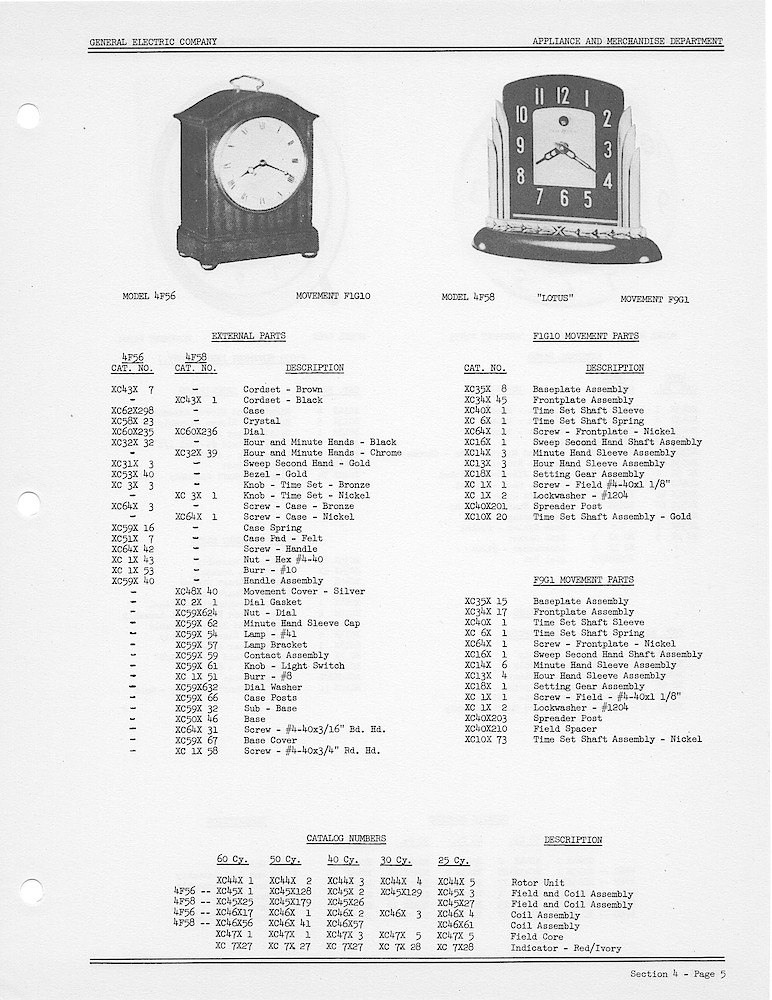1950 General Electric Clocks Parts Catalog > 4 Inch Dial Shelf Clocks > 4F56, 4F58