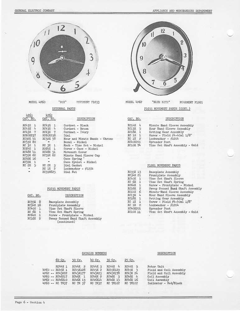 1950 General Electric Clocks Parts Catalog > 4 Inch Dial Shelf Clocks > 4F60, 4F62