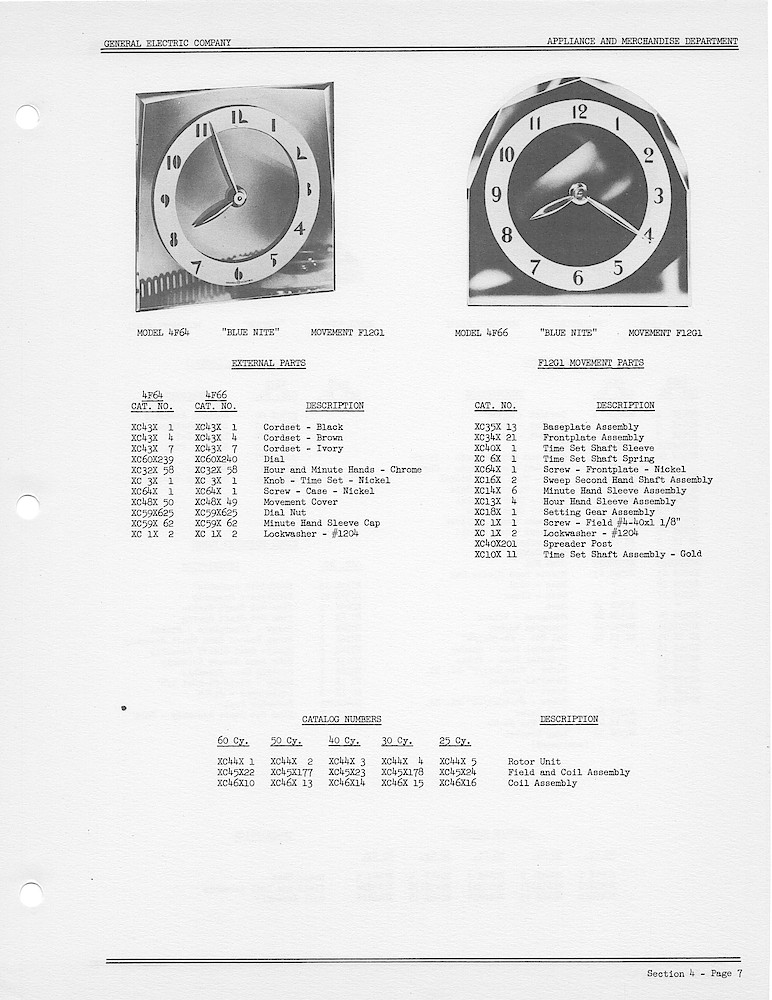1950 General Electric Clocks Parts Catalog > 4 Inch Dial Shelf Clocks > 4F64, 4F66