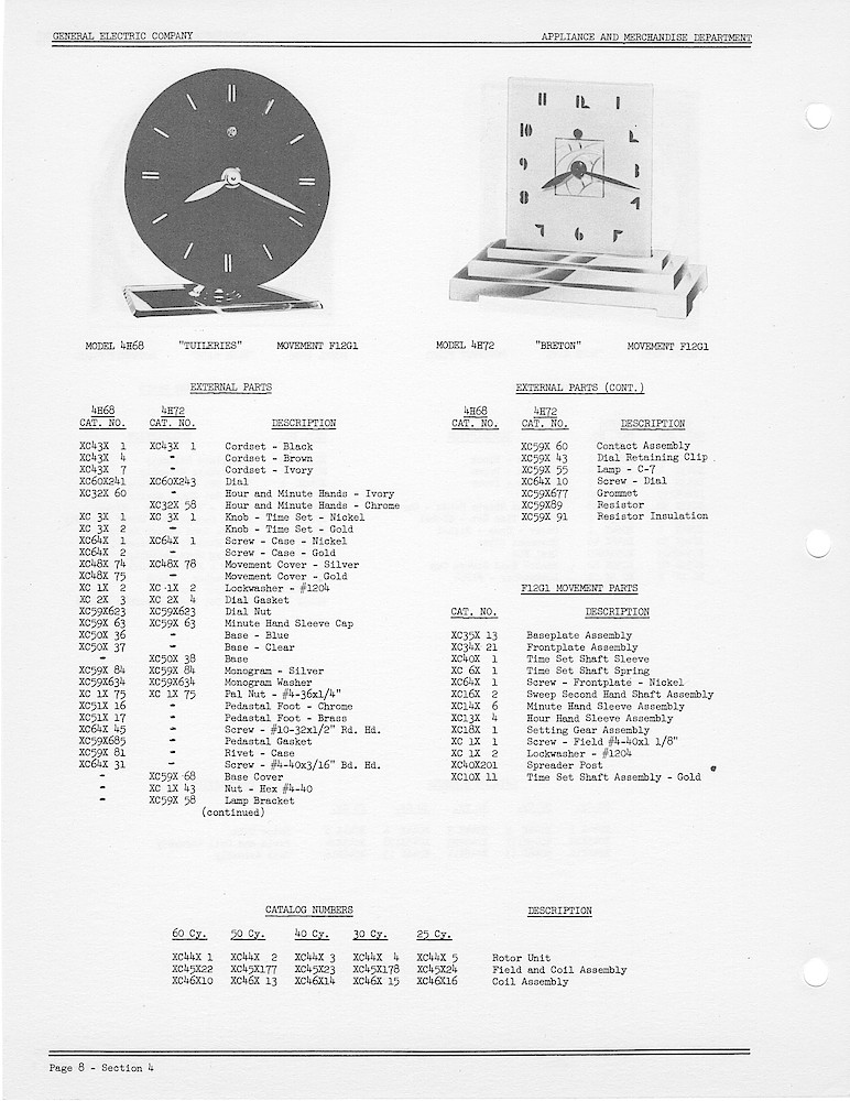 1950 General Electric Clocks Parts Catalog > 4 Inch Dial Shelf Clocks > 4H68, 4H72