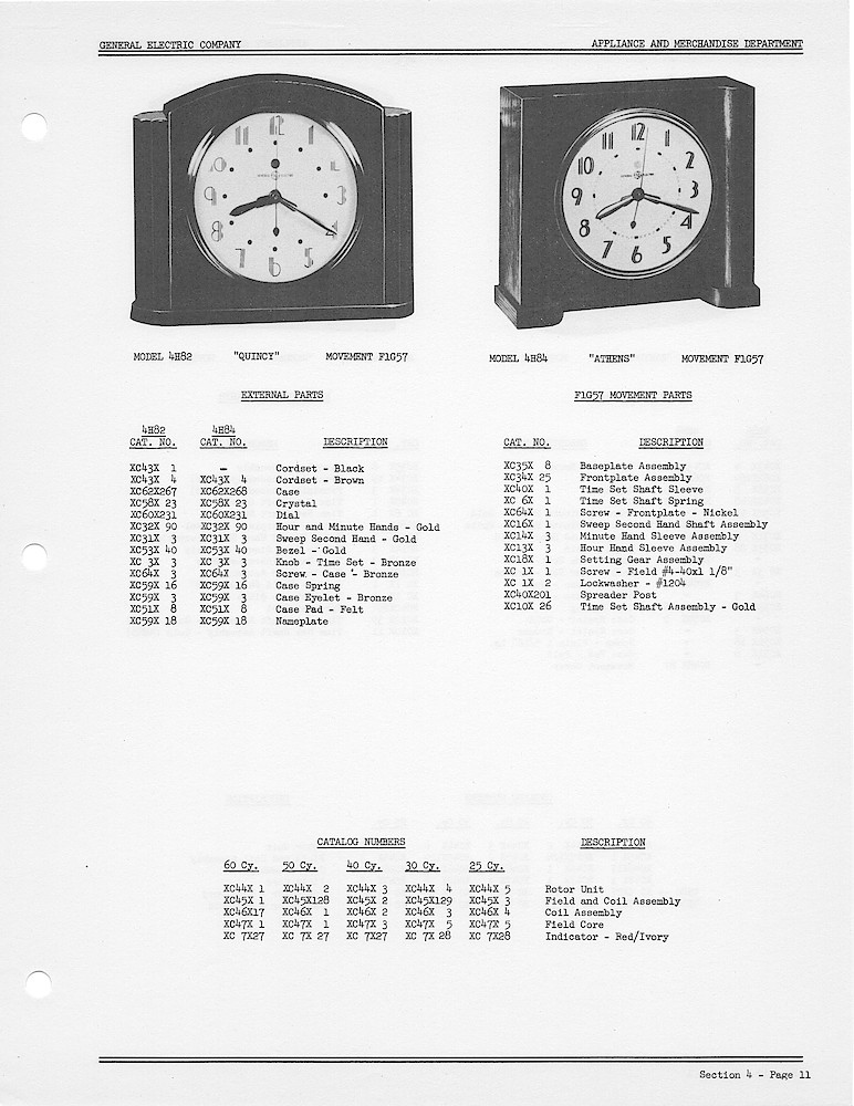 1950 General Electric Clocks Parts Catalog > 4 Inch Dial Shelf Clocks > 4H82, 4H84