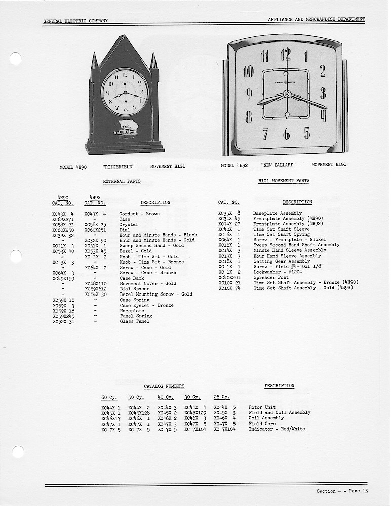 1950 General Electric Clocks Parts Catalog > 4 Inch Dial Shelf Clocks > 4H90, 4H92