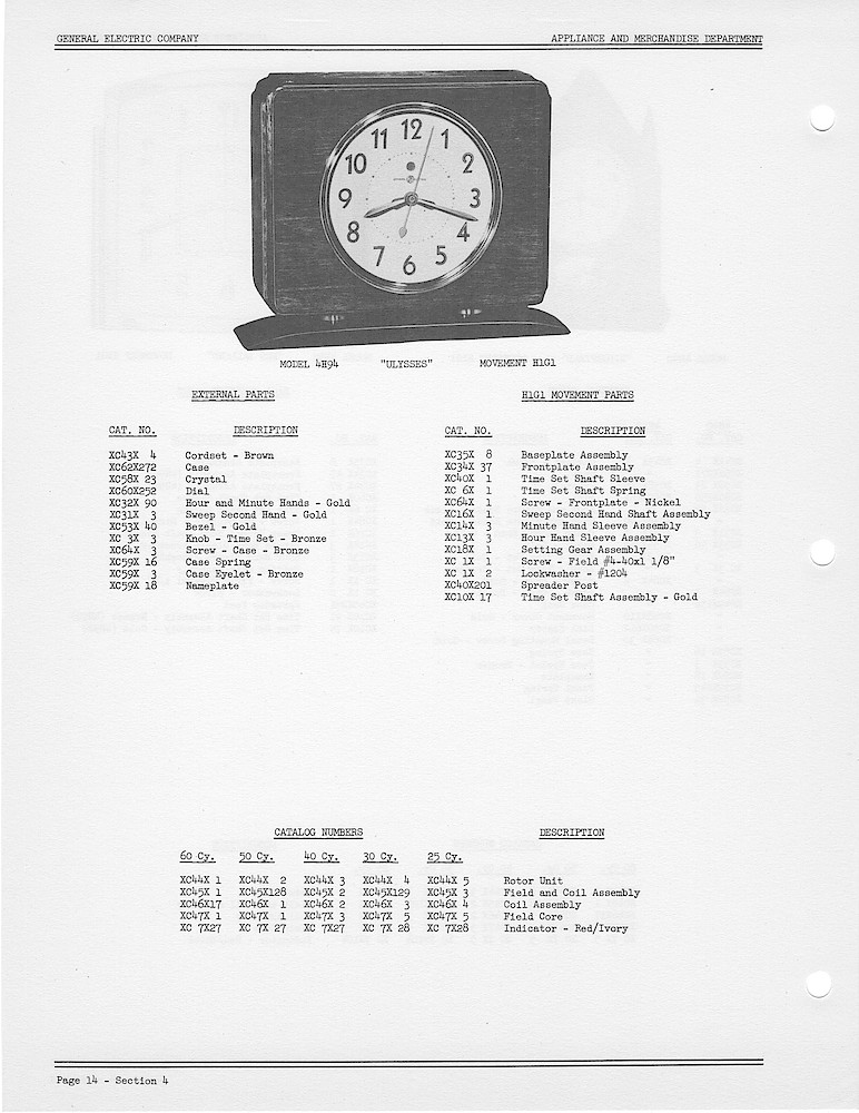 1950 General Electric Clocks Parts Catalog > 4 Inch Dial Shelf Clocks > 4H94