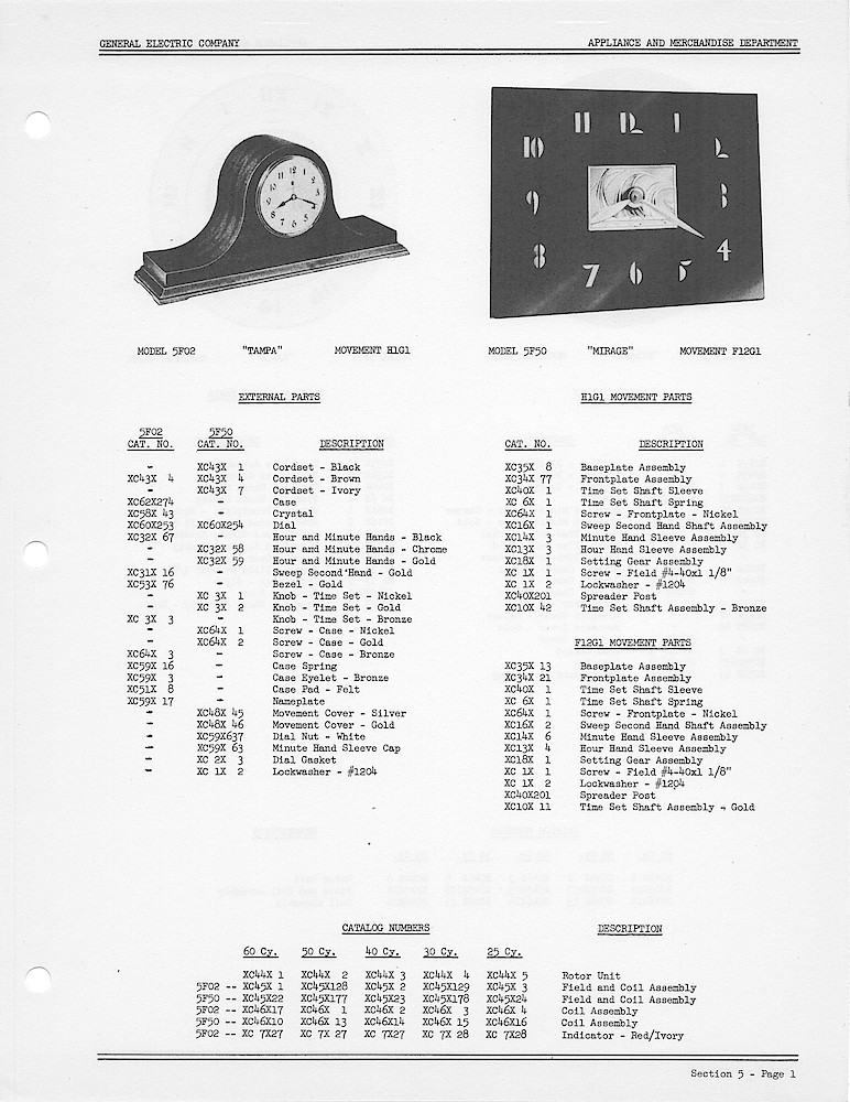 1950 General Electric Clocks Parts Catalog > 5 Inch Dial Shelf Clocks > 5F02, 5F50