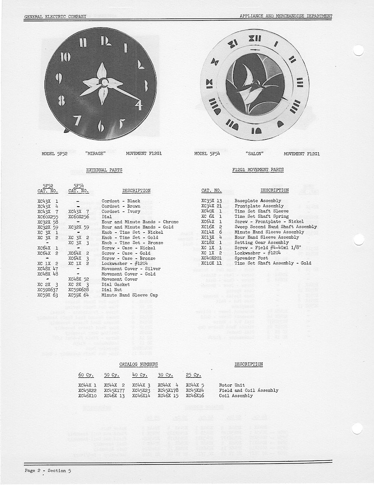 1950 General Electric Clocks Parts Catalog > 5 Inch Dial Shelf Clocks > 5F52, 5F54