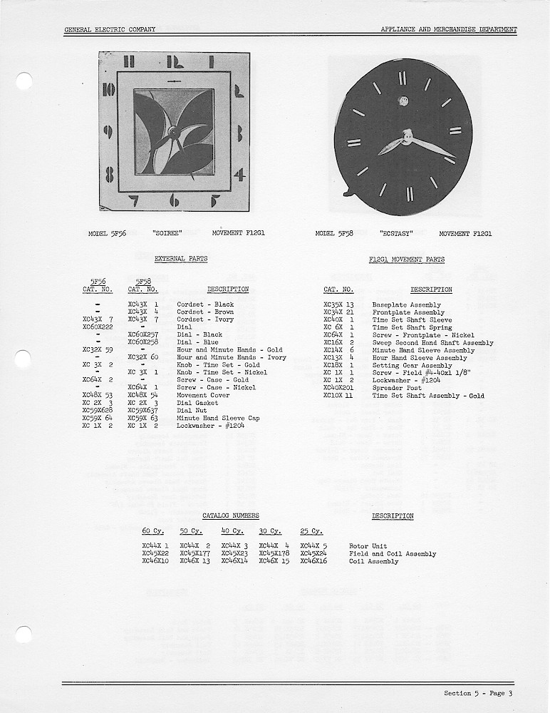 1950 General Electric Clocks Parts Catalog > 5 Inch Dial Shelf Clocks > 5F56, 5F58
