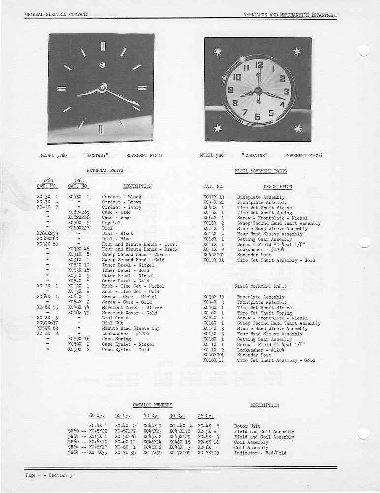 1950 General Electric Clocks Parts Catalog > 5 Inch Dial Shelf Clocks > 5F60, 5H64