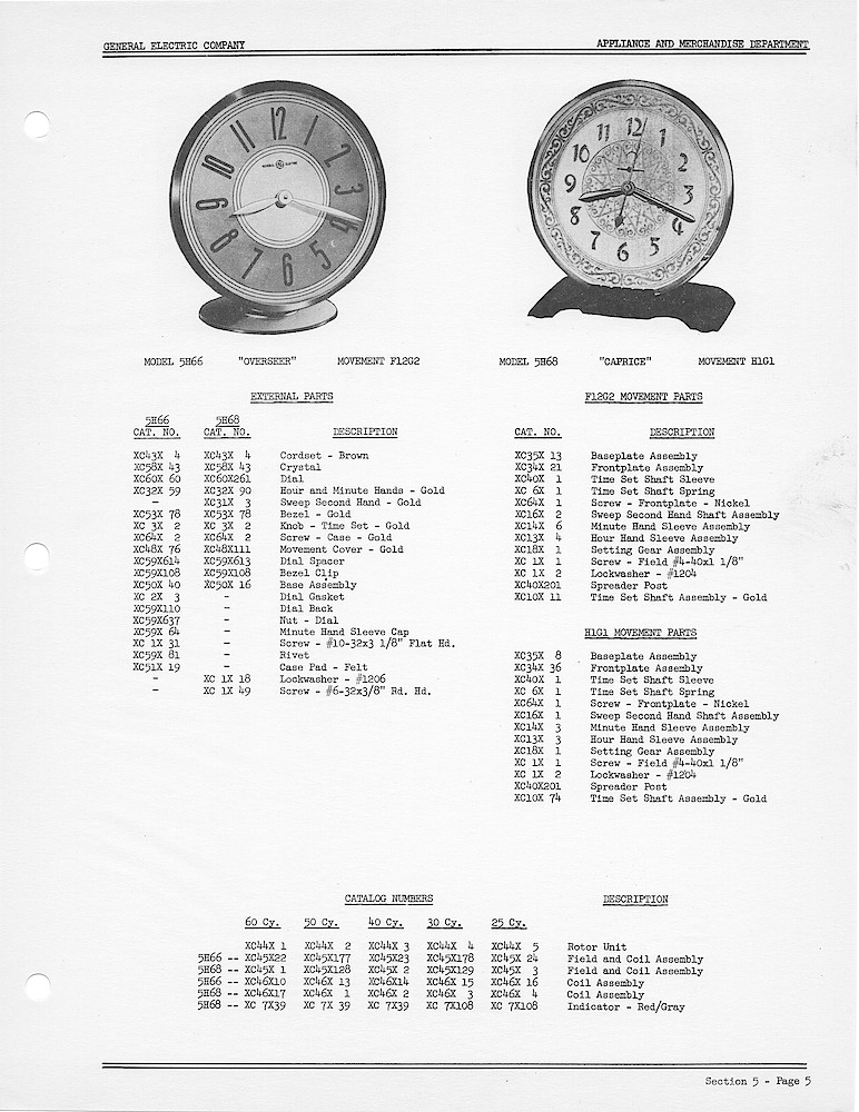 1950 General Electric Clocks Parts Catalog > 5 Inch Dial Shelf Clocks > 5H66, 5H68