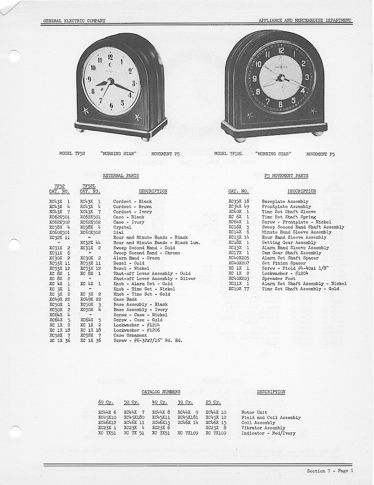 1950 General Electric Clocks Parts Catalog > Alarm Clocks > 7F52, 7F52L