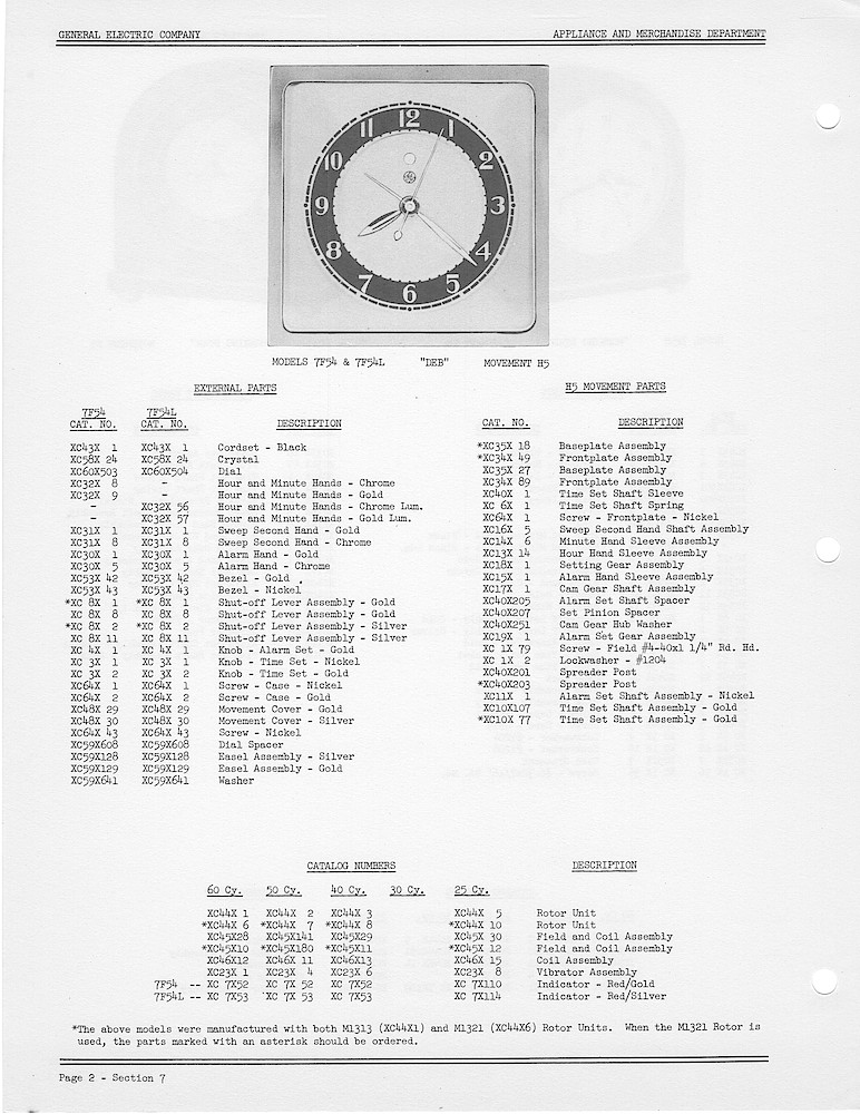 1950 General Electric Clocks Parts Catalog > Alarm Clocks > 7F54, 5F54L