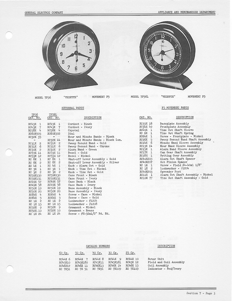 1950 General Electric Clocks Parts Catalog > Alarm Clocks > 7F56, 7F56L