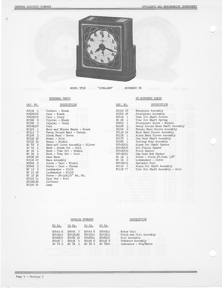 1950 General Electric Clocks Parts Catalog > Alarm Clocks > 7F58